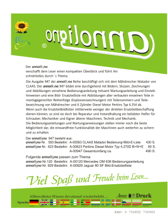 CLAAS Mähdrescher Typ Matador & Perkins 6 Zyl. Diesel Motor Typ 6.354 Bild- Bedienungsanleitungen & Bild- Ersatzteillisten & Explosionszeichnungen - annoligno 947
